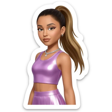 Ariana Grande with dark blonde ponytail hair, lavender pink metallic crop top, lavender pink metallic skirt, silver necklace sticker