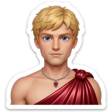 Eros from Greek Mythology with blue eyes, blonde hair, ruby red metallic toga, silver necklace sticker