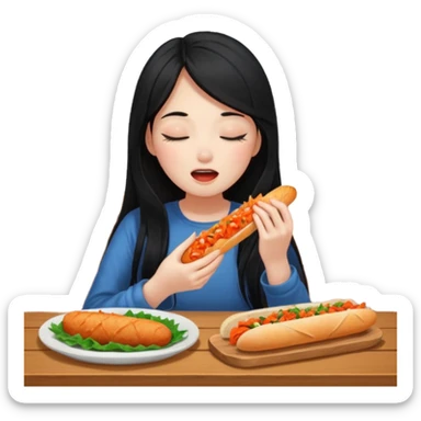 Girl with black long hair eat kimchi close eyes baguette sticker