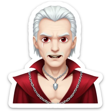 Dracula with long white hair, dark red sequin baggy pants, shirtless with necklace sticker
