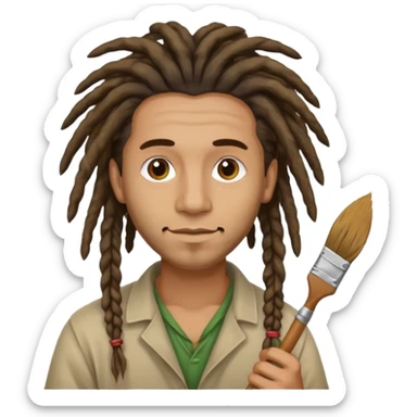 man artist with dreadlock, holding painter sticker