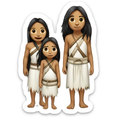 Koguin indigenous family at the door of a hut with white clothing and long hair sticker