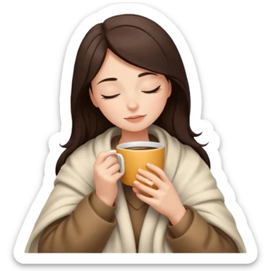 brunette girl snuggled in a blanket, sipping coffee, eyes closed sticker