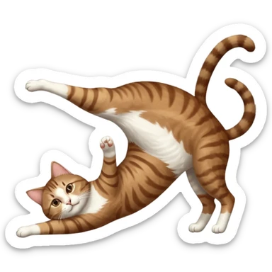 brown tabby and white cat with doing a big extremely long stretch reaching up into the air with arms and legs side by side together straight and overextended whilst lying on its side sticker