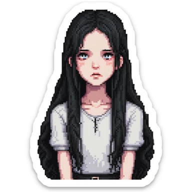 pale girl with long black hair, sad expression sticker