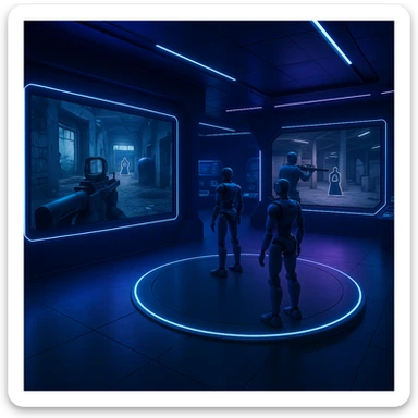 virtual combat training space, modern simulation room, interactive screens, robotic trainers, blue and purple tones, no text sticker