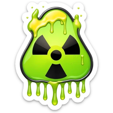 radioactive hazard symbol stylized to look like it is melting. The symbol is bright neon green and toxic yellow, with smooth dripping edges like liquid. sticker