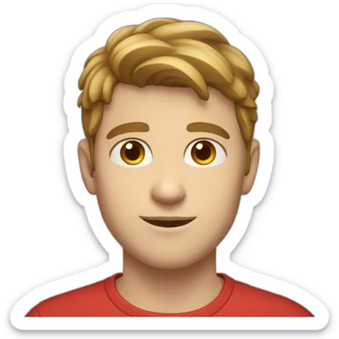 young white male with brown eyes and light brown mustage under nose, wearing red shirt and having brown hair sticker