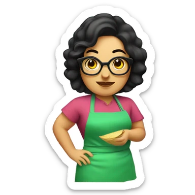 chubby lady with black hair green apron  with glasses cooking tacos sticker