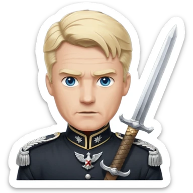 Salutierender 2. Weltkriegsgeneral von hohem Rang und hohem Ansehen, mit harter wettergegärbter Haut, blond und blauäugig, gross, muskelbepackt mit Schwarzer Uniformit weißen Abzeichen und einem riesigen Schwert zum Angriff bereit 
 sticker