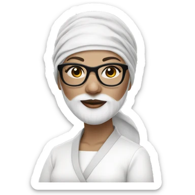 White-skinned woman with black square glasses, white clothes and white turban sticker