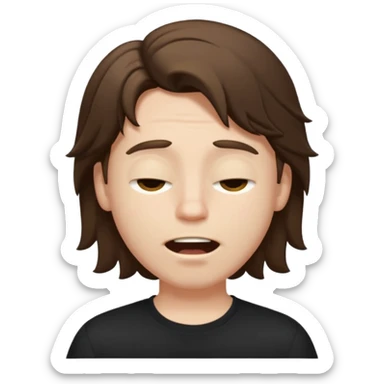 front emoji of a white boy with large brown hair, semi-closed eyes, wide open mouth, black shirt, expressive emoji style, focus on hair volume sticker