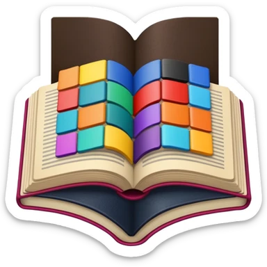 an open book with a dark cover and brightly colored tile samples sticker