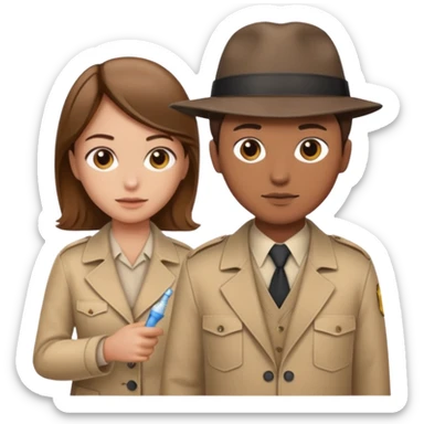 detective with beige clothing and brown hair interviewing suspect (girl) with cleaning clothing sticker