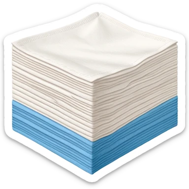 neat stack of soft white paper napkins, square or rectangular, slightly textured edges, faint embossed border, top napkin slightly lifted or curled to suggest flexibility, soft lighting, subtle shadows, emoji scale sticker