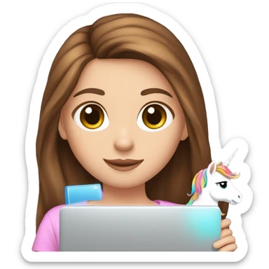 Brown hair, white girl, hazel eyes, holding a tiny colorful unicorn and a laptop sticker