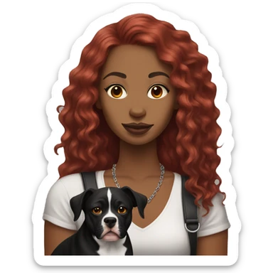 Long Red haired woman with septum piercing holding black and white English Staffordshire dog sticker