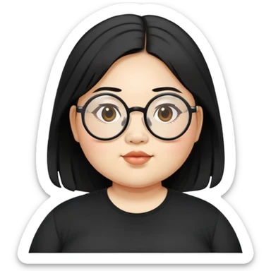 chubby asian waman wear circle glasses  medium  black hair wear black shirt  sticker