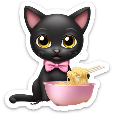 female cute black cat with big eyes and pink bow tie, eating noodles sticker