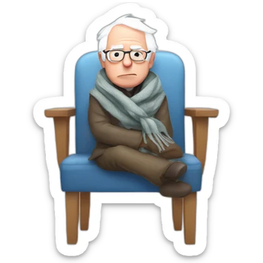 Bernie sanders freezing on chair wearing a scarf sticker