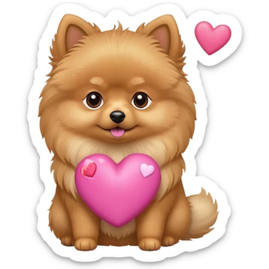 A Tan Pomeranian holding a pink star with hearts sticker