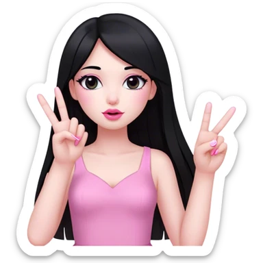 girl, black eyes, long straight black hair, white skin, pretty, with medium lashes, pink lips, little bit blush on her cheek, wearing a pink dress, and pink medium long nails, and gesturing peace fingers on her right hand sticker