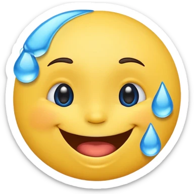 Emoji, yellow round laughing tilted head face sideways with blue tears of fun sticker