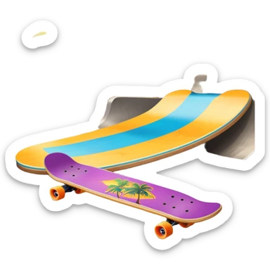 An icon featuring a skateboard resting on a smooth concrete surface. The background shows a sunny skate park with ramps, graffiti walls, and palm trees, creating an urban vibe. The skateboard is designed with vibrant colors and unique graphics. Transparent background  sticker