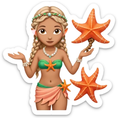 female elf in seashell bikini top, sarong skirt, braided hair with pearls. Holding starfish sticker