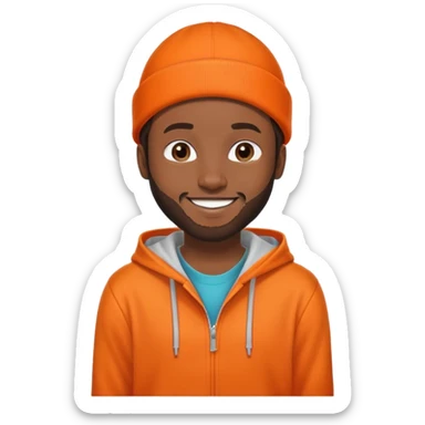 African yound man in his late 20s with a beanie and a bright smile with a short boxed beard, and a low cut hair, orangehoody sticker