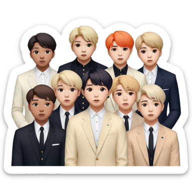 Cinematic Realistic group portrait of BTS featuring all 7 members in stylish modern attire, with detailed facial expressions and vibrant colors, captured in dynamic, contemporary lighting that emphasizes their global pop icon status sticker