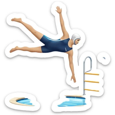 An icon featuring an athlete performing a graceful somersault mid-air, heading toward the water in a diving pool. The design includes water splashes and the diving platform, symbolizing the skill and precision of high diving. Transparent background highlights the elegance of the sport. sticker