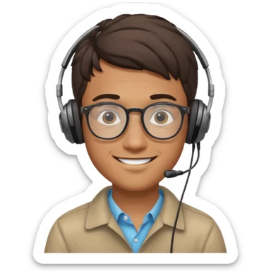 young Italian man, glasses, small headphones, smiling, focused on data analysis, intelligent vibe sticker