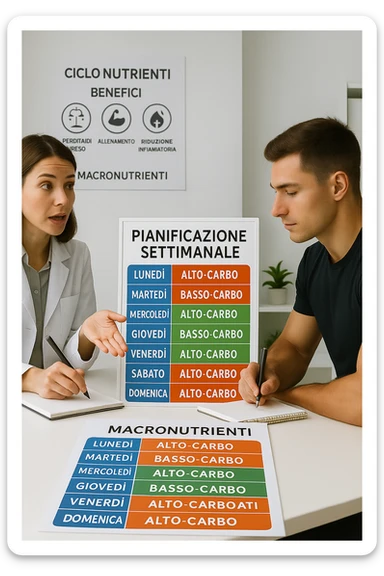 a nutritionist explains to an athlete how to cycle macronutrients for fat loss and training. On the desk, a weekly meal planner shows alternating high-carb and low-carb days, with color-coded sections for proteine, grassi, and carbo. The athlete takes notes, and a chart in the background illustrates the benefits of nutrient cycling. The mood is professional and educational. scritto in italiano sticker