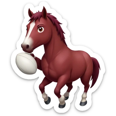 Angry wild horse holding  white rugby ball wearing maroon singlet sticker