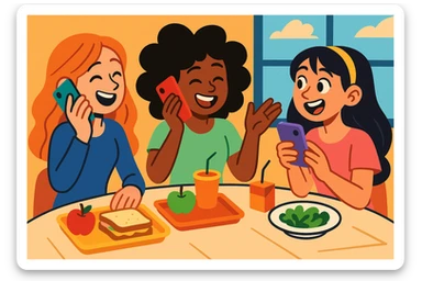 three girls chatting on their phones during lunch break, sitting at a table, animated and expressive, contemporary style, lighthearted mood sticker