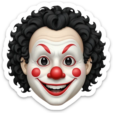 generate white clown mask emoji with a big curly black hair 

wide black coloured smile, no red nose but instead long and pointy white nose with no nostrils, pitch black eyes, no brows sticker