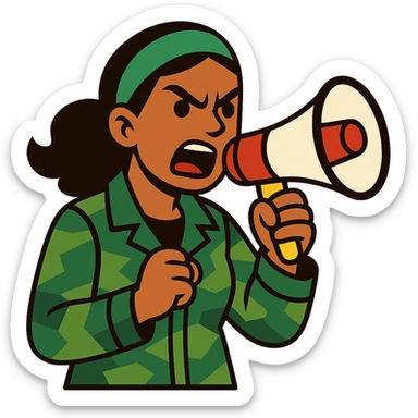 woman with green headband, camo jacket, holding a megaphone, angry expression sticker