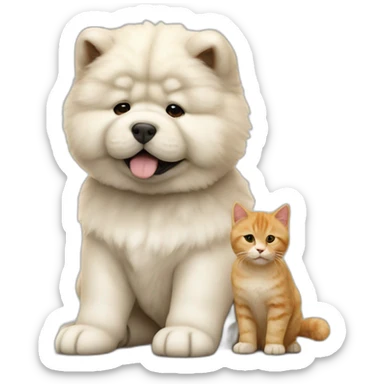 Cute white chow chow puppy sitting with ginger cat realistic 4k 16k sticker