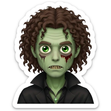 long curly haired male zombie with brown hair color and green eye color, with dark vampire clothes sticker