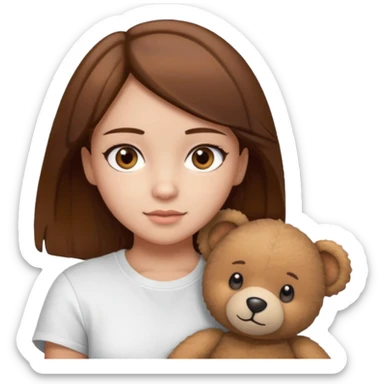 A Girl with Brown hair and Brown eyes with a t-shirt of a Teddy bear sticker