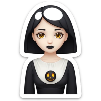 Stylized cult cartoon girl emoji, eerie-cute aesthetic, symmetrical design, subtle spooky vibe, glowing eyes, saying “AMILK”, bold graphic icon sticker