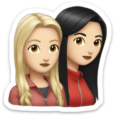 white girl with straight black hair, brown eye, she's wearing a red perfecto sticker