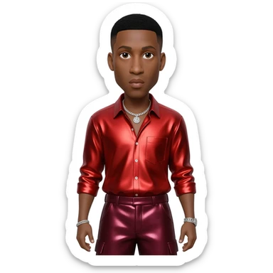 Ginuwine with black short hair, red metallic shirt, burgundy metallic baggy pants, silver necklace sticker