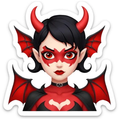 Demon girl: red skin, black hair, small horns, bat wing; tattoo-flash comic style; red/black palette; bold outlines; dark background; no text. sticker
