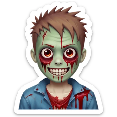 zombie boy with brown short spiky hair, white skin, and white eyes; an open smile, and bloodied teeth; sticker