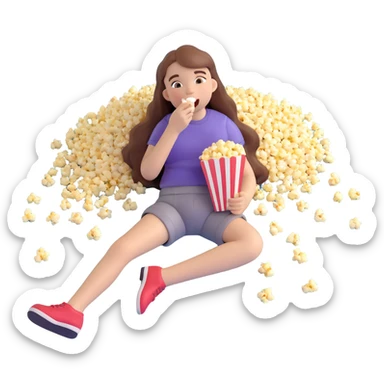 white girl with long hair lying on the floor, eating popcorn, emoji style sticker