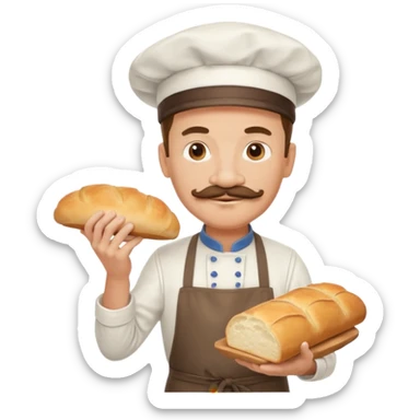 Middle aged male pastry chef - with a mustache, apron, white hat, holding bread sticker