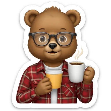 A bear with glasses dressed like a dad holding a coffee mug sticker