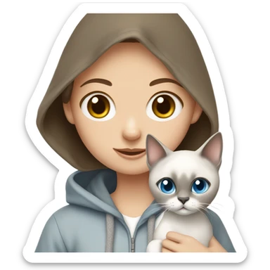 girl with brown hair and hazel eyes and freckles, wearing a hoodie, holding a Siamese cat that is white and gray and the cat has blue eyes  sticker